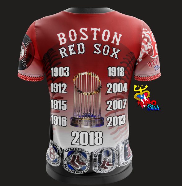 Boston Red Sox baseball fan jersey with Fenway Park stadium background and classic Red Sox logo by Taino Shirts