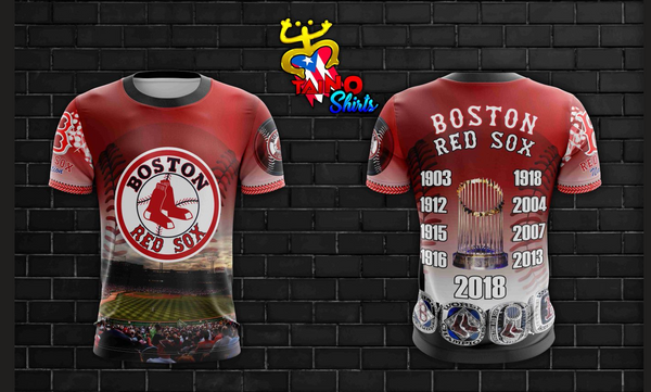 Boston Red Sox baseball fan jersey with Fenway Park stadium background and classic Red Sox logo by Taino Shirts