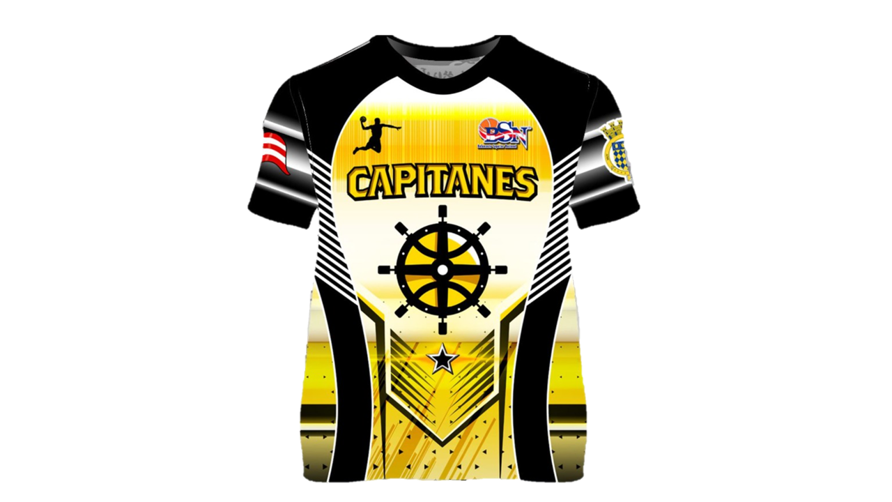 Front and back view of the 2025 Capitanes de Arecibo BSN basketball jersey, showcasing a yellow and black design with a ship wheel graphic, the team name 'Capitanes,' and the BSN logo. The back features 'Real Hasta la Muerte' text, 'Arecibo' lettering, a captain's hat emblem, and a Puerto Rican flag with the 'Gufao' mascot in the center.