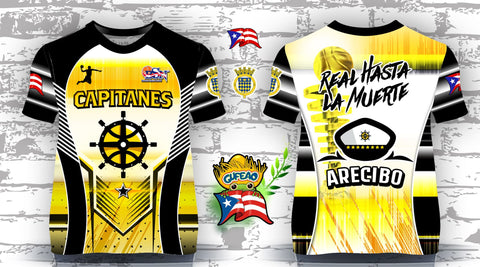 A special edition sports jersey with 'CAPITANES' text and Arecibo flag colors, featuring a ship wheel emblem and other graphics.