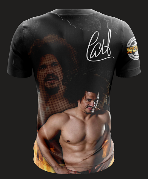 Carlito Cool Caribbean wrestling t-shirt featuring a muscular figure with a distinctive afro hairstyle, designed with a bold black background, fiery accents, and the text "Carlito Cool" and "Caribbean" prominently displayed, perfect for wrestling enthusiasts in 2025.