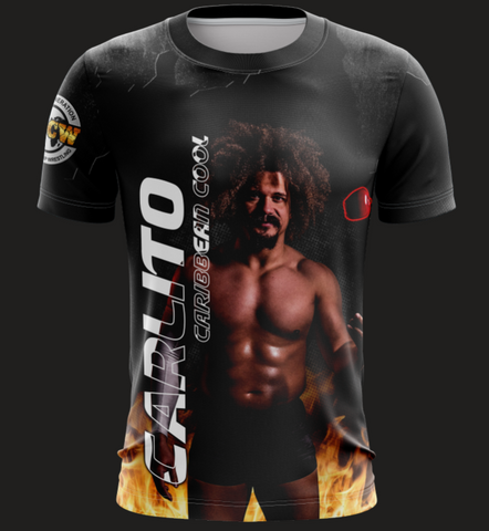 A black t-shirt featuring an image of a male wrestler with the text 'CARLITO CARIBBEAN COOL' and flames graphic design.