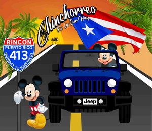 A vibrant tumbler featuring 'Chinchorreo Es La Que Hay' with a blue Jeep, Mickey Mouse, the Puerto Rican flag, and a Rincon Highway 413 sign, designed by Caribbean Trading, perfect for travel and culture enthusiasts