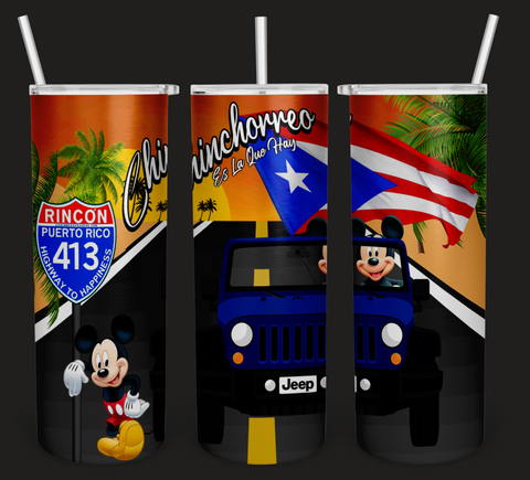 A vibrant tumbler featuring 'Chinchorreo Es La Que Hay' with a blue Jeep, Mickey Mouse, the Puerto Rican flag, and a Rincon Highway 413 sign, designed by Caribbean Trading, perfect for travel and culture enthusiasts
