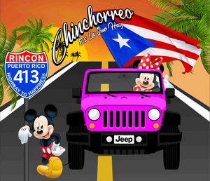 A fun tumbler featuring 'Chinchorreo Es La Que Hay' with a pink Jeep, Mickey and Minnie Mouse, the Puerto Rican flag, and a Rincon Highway 413 sign, designed by Caribbean Trading, perfect for travel and culture enthusiasts.