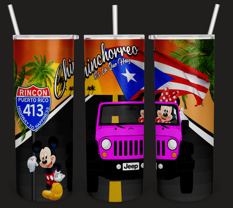 A fun tumbler featuring 'Chinchorreo Es La Que Hay' with a pink Jeep, Mickey and Minnie Mouse, the Puerto Rican flag, and a Rincon Highway 413 sign, designed by Caribbean Trading, perfect for travel and culture enthusiasts.