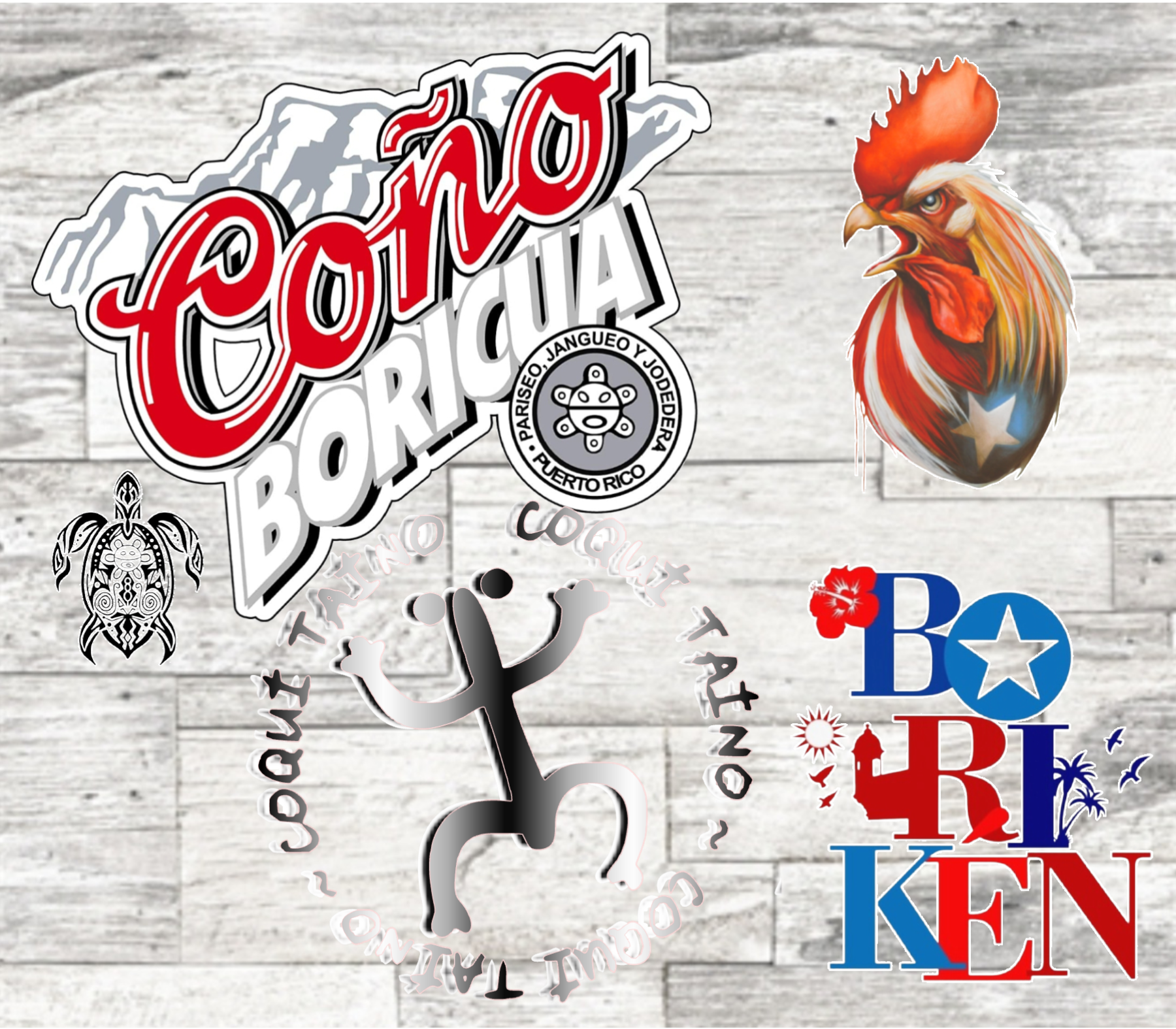 2025 Cono Boricua sticker set featuring a collection of designs including 'Cono Boricua' text with mountain imagery, a Taino symbol, a Puerto Rican flag, a rooster, a hibiscus flower, 'Boriken' lettering, a turtle, and 'Coquí Tatúo' text with a Taino figure, representing Puerto Rican culture