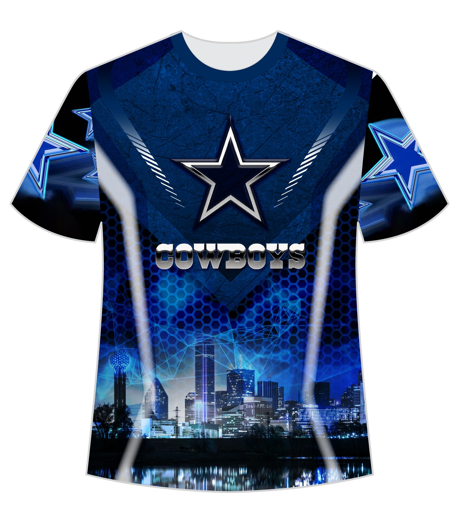 A striking blue t-shirt featuring the Dallas Cowboys logo with a prominent star and the team name "COWBOYS" in bold. The design includes a futuristic cityscape of Dallas with iconic buildings and a reflection on water, accented with hexagonal patterns and glowing blue star elements, perfect for NFL fans.