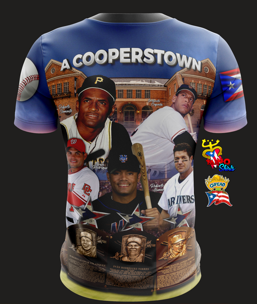 A vibrant t-shirt celebrating Puerto Rican baseball players, featuring athletes in action with the Puerto Rican flag and team logos like New York Mets and St. Louis Cardinals. Designed by Taino Shirts, ideal for baseball fans and collectors.