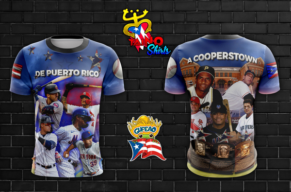 A vibrant t-shirt celebrating Puerto Rican baseball players, featuring athletes in action with the Puerto Rican flag and team logos like New York Mets and St. Louis Cardinals. Designed by Taino Shirts, ideal for baseball fans and collectors.
