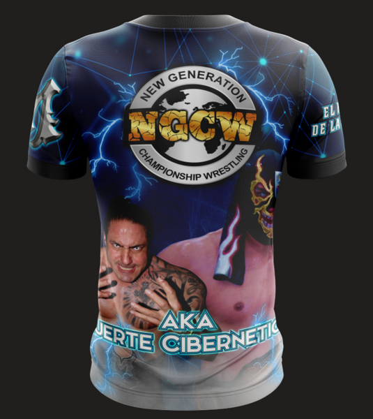 El Mesias wrestling champion t-shirt featuring a muscular figure with tattoos, wearing a championship belt, designed with a dynamic blue and black background with lightning effects and the text "El Mesias" prominently displayed, ideal for wrestling fans in 2025.