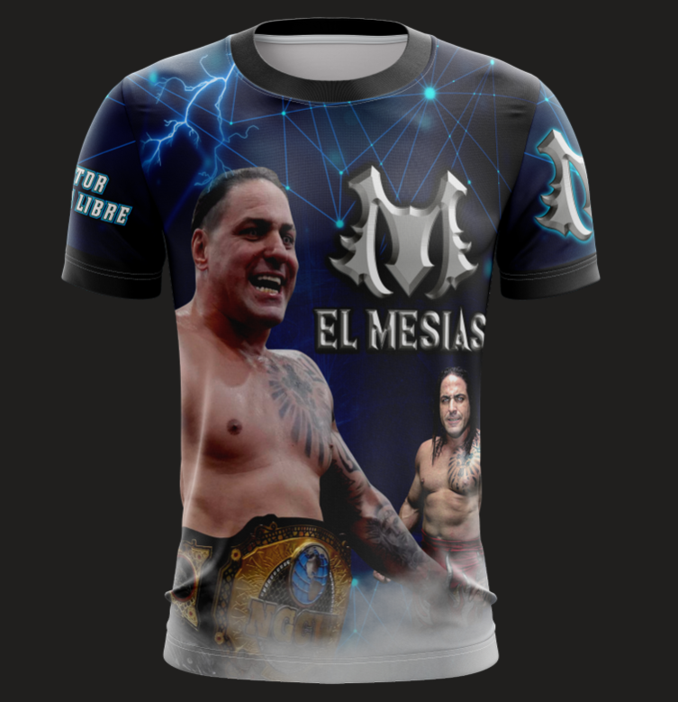 El Mesias wrestling champion t-shirt featuring a muscular figure with tattoos, wearing a championship belt, designed with a dynamic blue and black background with lightning effects and the text "El Mesias" prominently displayed, ideal for wrestling fans in 2025.