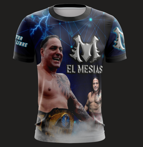 El Mesias wrestling champion t-shirt featuring a muscular figure with tattoos, wearing a championship belt, designed with a dynamic blue and black background with lightning effects and the text "El Mesias" prominently displayed, ideal for wrestling fans in 2025.