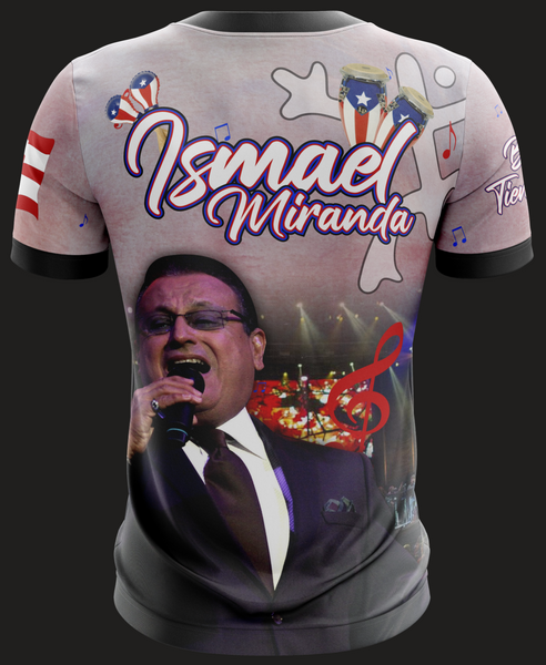 T-shirt with 'El Niño Bonito de la Salsa' text, man in floral shirt, conga drums with Puerto Rican flags, and musical notes.