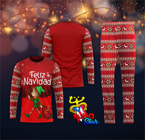 A festive red pajama set featuring an elf carrying a sack of gifts with "Feliz Navidad" text, adorned with reindeer and snowflake patterns on the long-sleeve top and matching pants, and the Taino Shirts logo with Puerto Rican flag elements, set against a starry background with lights.