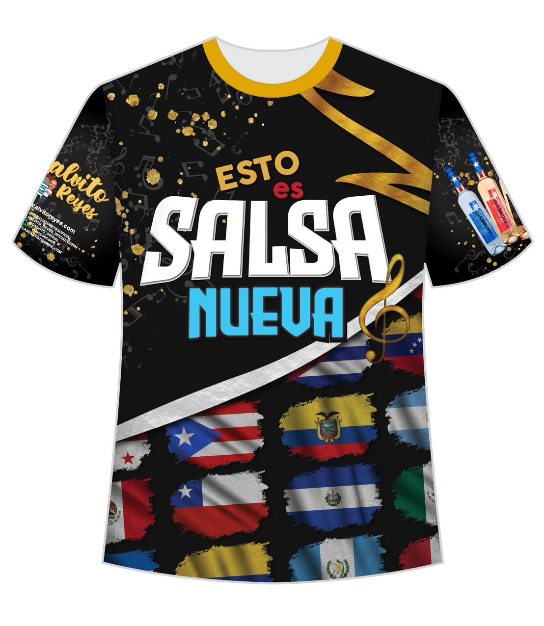 A black t-shirt with gold accents promoting "Esto es Salsa Nueva" by Edwin "El Calvito" Reyes. The front features the bold text "ESTO es SALSA NUEVA" with musical notes, tequila bottles, and Latin American flags at the base. The back shows a cartoon of Edwin Reyes in his garage with dripping text "METIDO EN MI GARAJE" and "TODOS LOS MARTES 7:30PM," along with social media icons and more flags, ideal for salsa music fans.