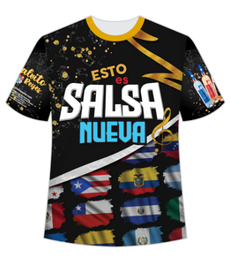 A black t-shirt with gold accents promoting "Esto es Salsa Nueva" by Edwin "El Calvito" Reyes. The front features the bold text "ESTO es SALSA NUEVA" with musical notes, tequila bottles, and Latin American flags at the base. The back shows a cartoon of Edwin Reyes in his garage with dripping text "METIDO EN MI GARAJE" and "TODOS LOS MARTES 7:30PM," along with social media icons and more flags, ideal for salsa music fans.