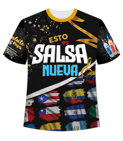 A black t-shirt with gold accents promoting "Esto es Salsa Nueva" by Edwin "El Calvito" Reyes. The front features the bold text "ESTO es SALSA NUEVA" with musical notes, tequila bottles, and Latin American flags at the base. The back shows a cartoon of Edwin Reyes in his garage with dripping text "METIDO EN MI GARAJE" and "TODOS LOS MARTES 7:30PM," along with social media icons and more flags, ideal for salsa music fans.