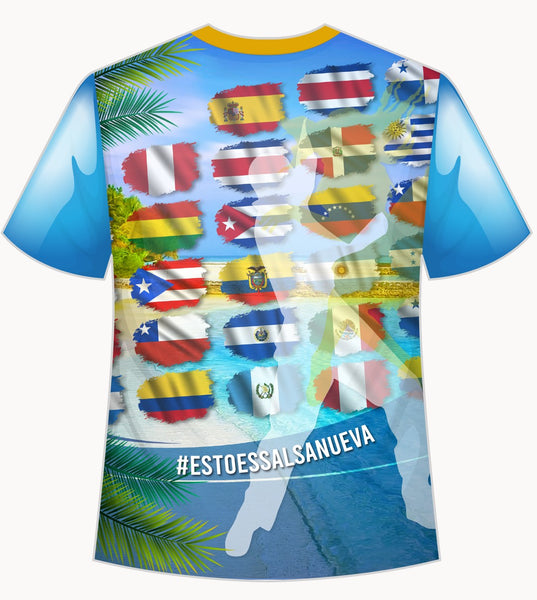 A colorful tropical t-shirt promoting "Esto Es Salsa Nueva" with El Calvito Reyes. The front features a cartoon of Reyes wearing a life preserver, surrounded by a cruise ship, palm trees, musical instruments like congas and maracas, and tequila bottles on a yellow-to-blue gradient background. The back showcases a collage of Latin American flags over a beach and ocean scene with the hashtag #ESTOESSALSANUEVA, ideal for salsa music fans and cruise enthusiasts.