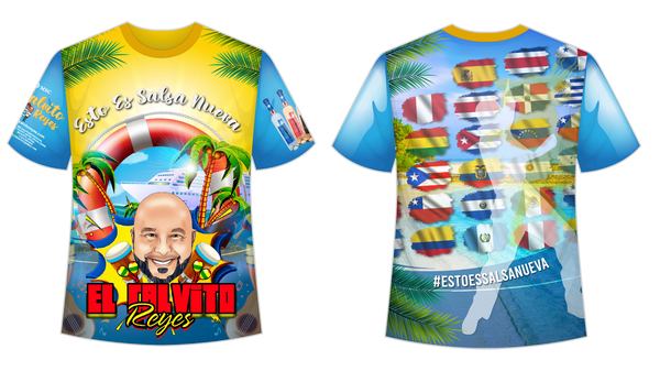 A colorful tropical t-shirt promoting "Esto Es Salsa Nueva" with El Calvito Reyes. The front features a cartoon of Reyes wearing a life preserver, surrounded by a cruise ship, palm trees, musical instruments like congas and maracas, and tequila bottles on a yellow-to-blue gradient background. The back showcases a collage of Latin American flags over a beach and ocean scene with the hashtag #ESTOESSALSANUEVA, ideal for salsa music fans and cruise enthusiasts.
