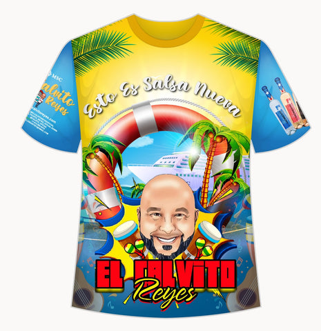 A colorful tropical t-shirt promoting "Esto Es Salsa Nueva" with El Calvito Reyes. The front features a cartoon of Reyes wearing a life preserver, surrounded by a cruise ship, palm trees, musical instruments like congas and maracas, and tequila bottles on a yellow-to-blue gradient background. The back showcases a collage of Latin American flags over a beach and ocean scene with the hashtag #ESTOESSALSANUEVA, ideal for salsa music fans and cruise enthusiasts.