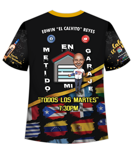 A striking t-shirt featuring 'Esto es Salsa Nueva' with the Puerto Rican flag and other Latin American flags, musical notes, and bottles, designed by Albito Reyes, perfect for salsa music lovers and collectors.