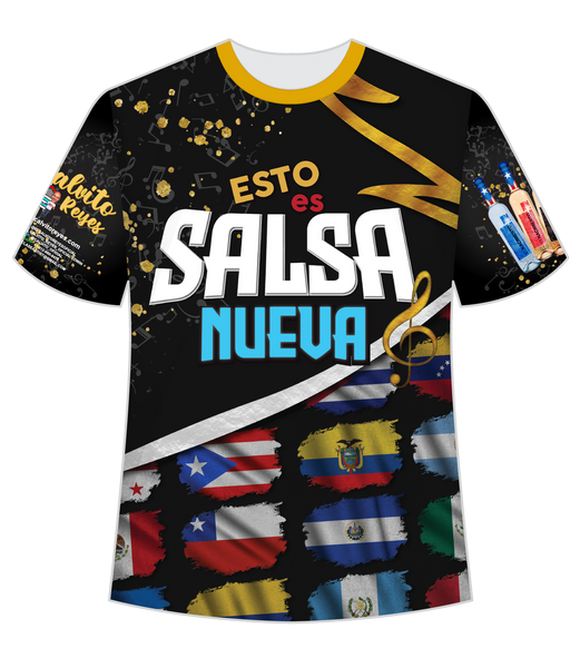A striking t-shirt featuring 'Esto es Salsa Nueva' with the Puerto Rican flag and other Latin American flags, musical notes, and bottles, designed by Albito Reyes, perfect for salsa music lovers and collectors.