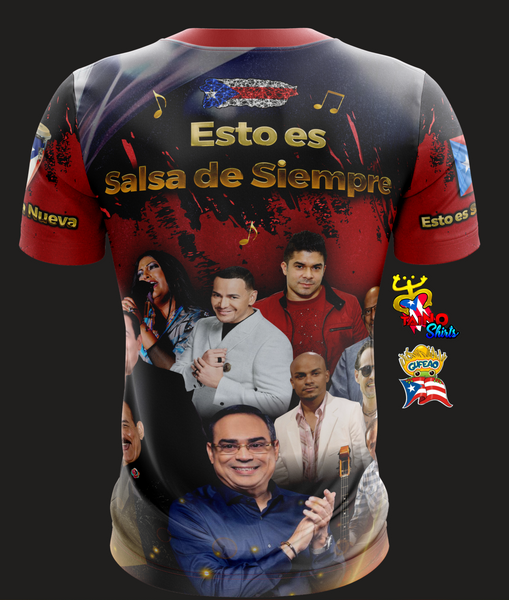 A vibrant t-shirt celebrating 'Esto es Salsa Nueva' with the Puerto Rican flag, musical notes, and portraits of artists. Designed by Taino Shirts, perfect for salsa music fans and collectors