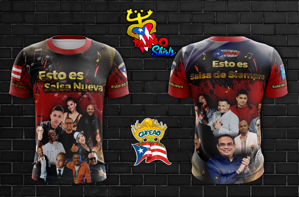 A vibrant t-shirt celebrating 'Esto es Salsa Nueva' with the Puerto Rican flag, musical notes, and portraits of artists. Designed by Taino Shirts, perfect for salsa music fans and collectors.