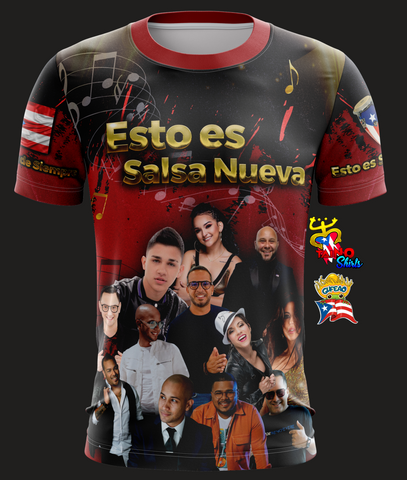 A vibrant t-shirt celebrating 'Esto es Salsa Nueva' with the Puerto Rican flag, musical notes, and portraits of artists. Designed by Taino Shirts, perfect for salsa music fans and collectors.
