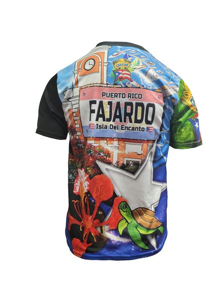A vibrant t-shirt celebrating Fajardo, Puerto Rico as "La Metrópolis del Sol Naciente" with front and back designs. The front features bold text "La Metrópolis del Sol Naciente" with dolphins, a colorful flag collage, and Puerto Rican elements on a blue gradient background. The back showcases a scenic view with a "Fajardo Isla del Encanto" sign, red flowers, a sea turtle, a large star, and a Gufeao logo, perfect for expressing Fajardo pride and Puerto Rican heritage.
