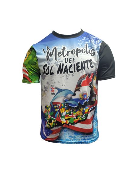 A vibrant t-shirt celebrating Fajardo, Puerto Rico as "La Metrópolis del Sol Naciente" with front and back designs. The front features bold text "La Metrópolis del Sol Naciente" with dolphins, a colorful flag collage, and Puerto Rican elements on a blue gradient background. The back showcases a scenic view with a "Fajardo Isla del Encanto" sign, red flowers, a sea turtle, a large star, and a Gufeao logo, perfect for expressing Fajardo pride and Puerto Rican heritage.