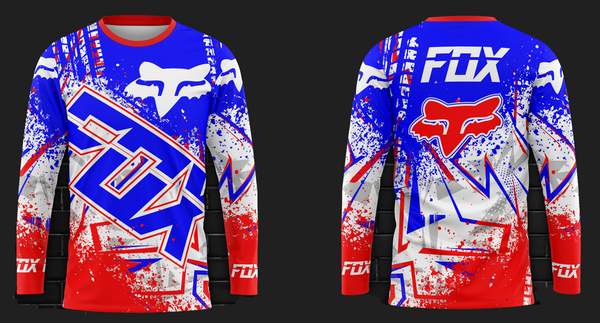 Fox racing t-shirt featuring a bold blue, red, and white design with the iconic Fox logo and splatter effects, perfect for motorsport enthusiasts in 2025, designed by Taino Shirts.