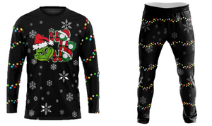 A festive black sweatsuit featuring a Grinch with a Santa hat and "HO HO HO" text on the long-sleeve top, adorned with snowflakes and colorful lights, paired with matching pants with a similar holiday pattern.