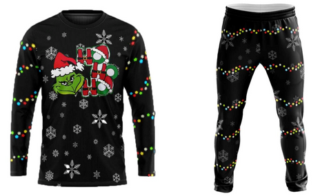 A festive black sweatsuit featuring a Grinch with a Santa hat and "HO HO HO" text on the long-sleeve top, adorned with snowflakes and colorful lights, paired with matching pants with a similar holiday pattern.