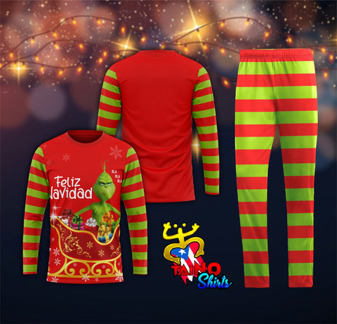 A Christmas-themed pajama set with red and green stripes, featuring a graphic of the Grinch on the front of the long-sleeve top.