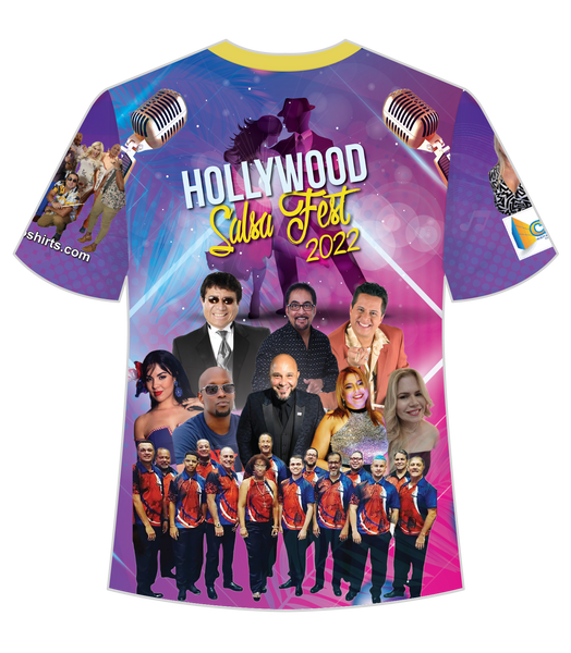 A vibrant purple t-shirt featuring the Hollywood Salsa Fest 2022 design, showcasing the front and back views. The front displays the event title "Hollywood Salsa Fest 2022" with images of performers Melina Almodovar and Charlie Aponte, while the back highlights additional performers and a group photo, all set against a colorful background with musical motifs.