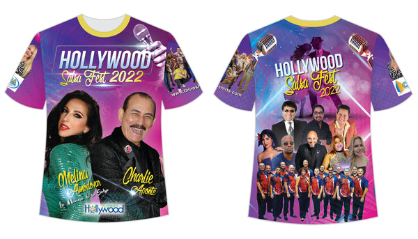 A vibrant purple t-shirt featuring the Hollywood Salsa Fest 2022 design, showcasing the front and back views. The front displays the event title "Hollywood Salsa Fest 2022" with images of performers Melina Almodovar and Charlie Aponte, while the back highlights additional performers and a group photo, all set against a colorful background with musical motifs.