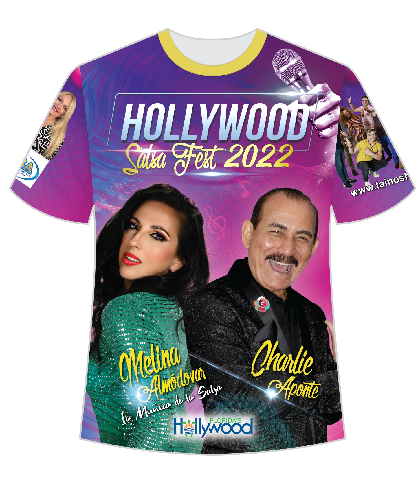 Official t-shirt of Hollywood Salsa Fest 2022 featuring portraits of two people, with the event details and the text 'LIVE EACH MOMENT'.