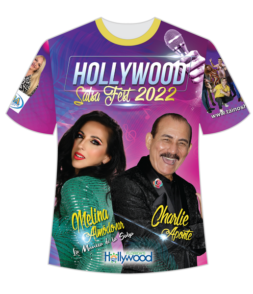 Official t-shirt of Hollywood Salsa Fest 2022 featuring portraits of two people, with the event details and the text 'LIVE EACH MOMENT'.