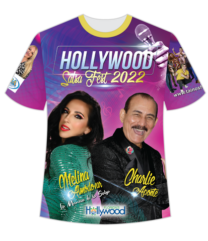 Official t-shirt of Hollywood Salsa Fest 2022 featuring portraits of two people, with the event details and the text 'LIVE EACH MOMENT'.