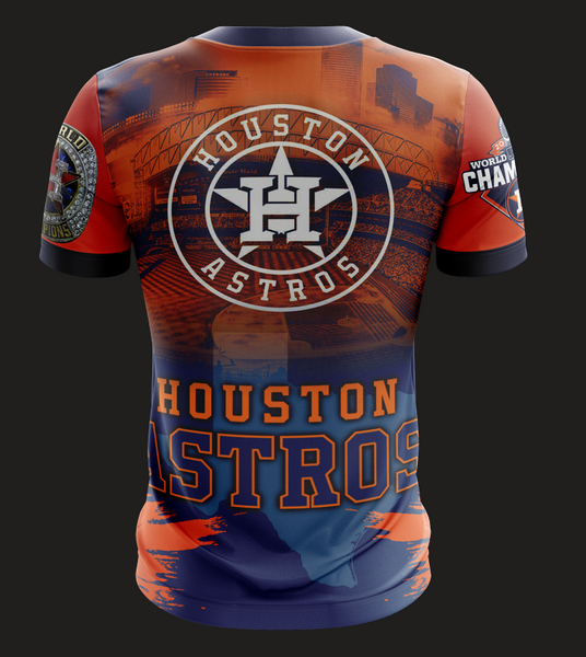A vibrant orange and navy blue Houston Astros fan shirt featuring the team logo, "Never Settle" text, a World Champions patch from 2017, and an image of celebrating players, set against a black background.