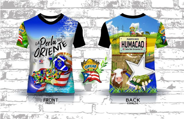 A vibrant t-shirt celebrating Humacao, Puerto Rico as "La Perla del Oriente" with front and back designs. The front features bold text "La Perla del Oriente" with a colorful flag collage, a coat of arms, and a blue gradient background with the Puerto Rican flag. The back showcases a rural landscape with cows, a "Humacao Isla del Encanto" sign, and a large star with a Gufeao logo, perfect for expressing Humacao pride and Puerto Rican heritage.