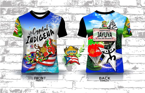A vibrant t-shirt celebrating Jayuya, Puerto Rico as "La Capital Indigena" with front and back designs. The front features bold text "La Capital Indigena Jayuya" alongside indigenous Taino symbols, a coqui frog, sun emblem, and Puerto Rican flag elements on a blue gradient background. The back showcases a scenic mountain landscape with a "Jayuya Isla del Encanto" sign, Taino petroglyphs, and a Gufeao logo, perfect for expressing Jayuya pride and Puerto Rican indigenous heritage.