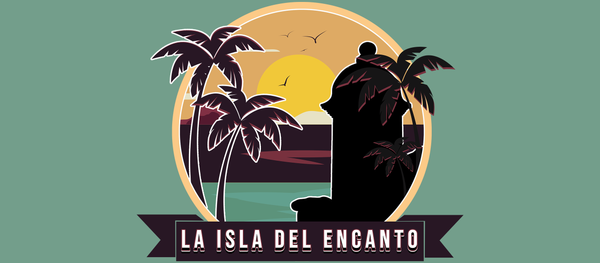 2025 La Isla del Encanto mug set featuring a teal design with a silhouette of palm trees, a sunset, and a historic tower, along with the 'La Isla del Encanto' text, complemented by a Puerto Rican flag and the 'Gufao' emblem.