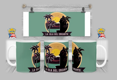 2025 La Isla del Encanto mug set featuring a teal design with a silhouette of palm trees, a sunset, and a historic tower, along with the 'La Isla del Encanto' text, complemented by a Puerto Rican flag and the 'Gufao' emblem.