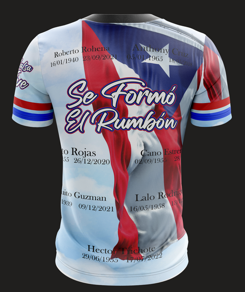 Puerto Rican flag T-shirt with 'La Salsa En el Cielo' text and images of musicians, featuring La Salsa Viva logo