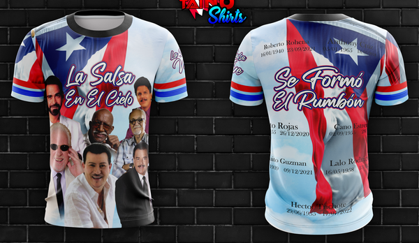 Puerto Rican flag T-shirt with 'La Salsa En el Cielo' text and images of musicians, featuring La Salsa Viva logo