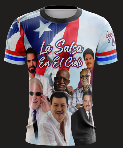A t-shirt with a graphic print featuring multiple images of salsa music artists and the text 'La Salsa En El Cielo'.