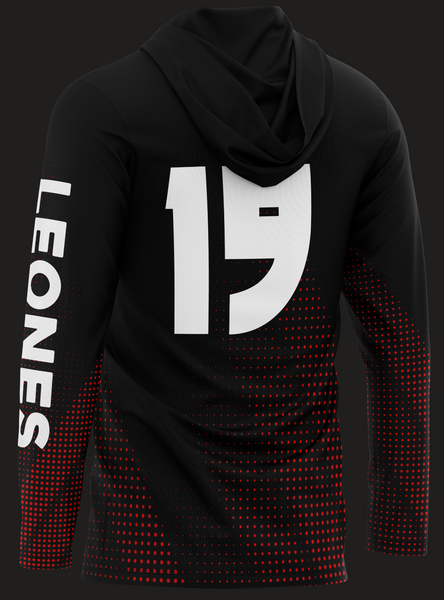 Black Leones hoodie with red dotted pattern, number 19, and lion head logo.